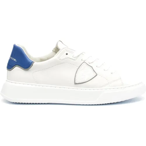 Weiße Leder Sneakers mit Blauem Detail , Herren, Größe: 39 EU - Philippe Model - Modalova