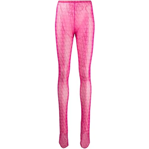 Fuchsia Tulle Tights with Logo Print , female, Sizes: S - Valentino Garavani - Modalova