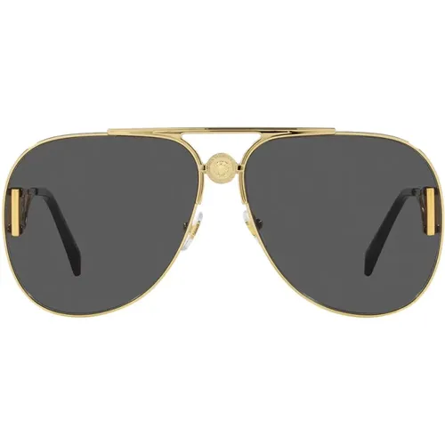 Goldene Metall Piloten Sonnenbrille mit Dunkelgrauen Gläsern - Versace - Modalova