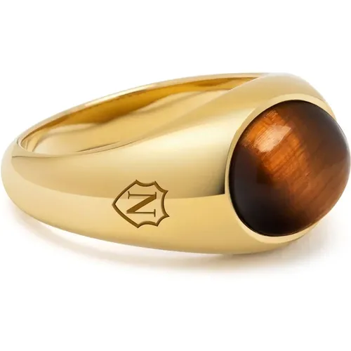 Gold Oval Signet Ring with Brown Tiger Eye , Herren, Größe: 58 MM - Nialaya - Modalova