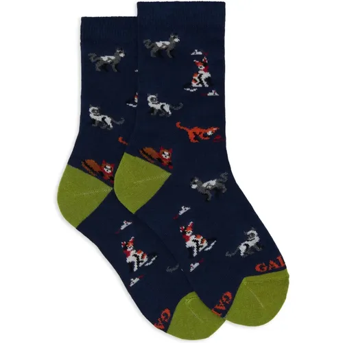 Kurze blaue Baumwollsocken für Kinder mit Katzen-, Maus- und Wollknäuelmotiv - Gallo - Modalova