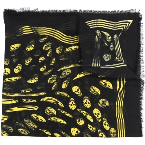 Yellow Skull Print Modal Scarf with Striped Border , male, Sizes: ONE SIZE - alexander mcqueen - Modalova