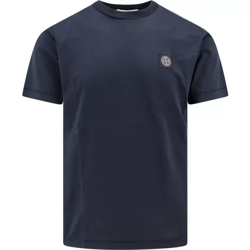 Blauer Crew-neck T-Shirt mit Stofflogo , Herren, Größe: L - Stone Island - Modalova