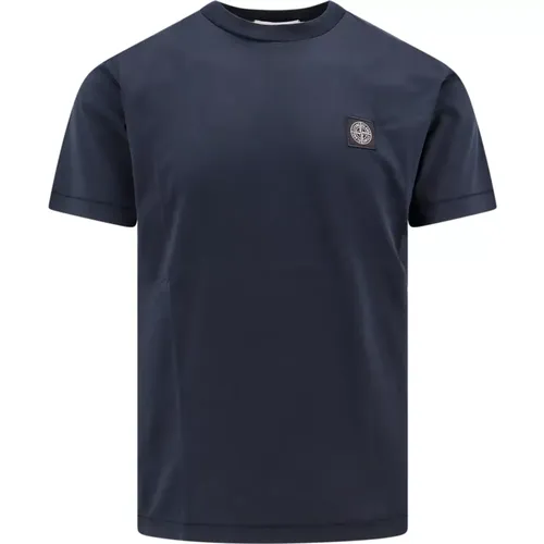 Blauer Crew-neck T-Shirt mit Stofflogo , Herren, Größe: S - Stone Island - Modalova