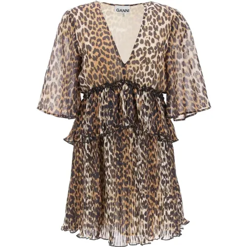 Leopard Pleated Georgrtte V-neck Flounce Mini Dress , female, Sizes: XS, S - Ganni - Modalova