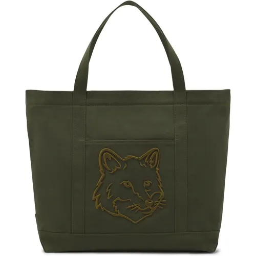 Olivegrüne Fox Head Tote Bag , Herren, Größe: ONE Size - Maison Kitsuné - Modalova