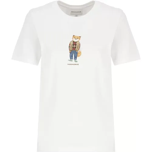 Weißes Baumwoll-T-Shirt mit Dressed Fox Print,Logo-Print Baumwoll T-Shirt - Maison Kitsuné - Modalova