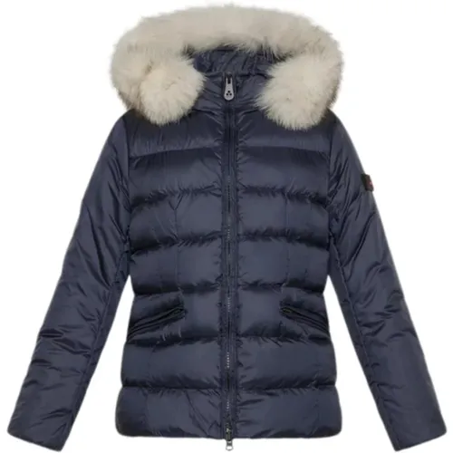 Kinderblaue Jacke mit Fuchsfell und abnehmbarer Kapuze - Peuterey - Modalova