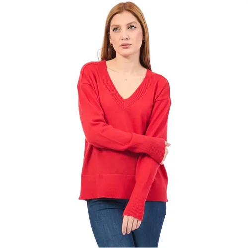 Roter Merinowolle V-Ausschnitt Pullover , Damen, Größe: M - Silvian Heach - Modalova