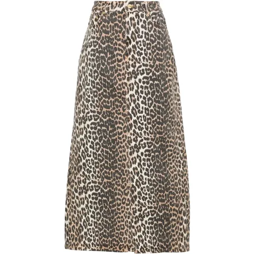 Leopard-Print Denim Midi Rock , Damen, Größe: M - Ganni - Modalova