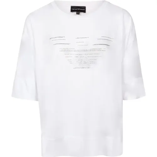 T-Shirt mit Rhinestone-Logo und Asymmetrischem Saum , Damen, Größe: M - Emporio Armani - Modalova
