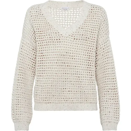 Beige V-Neck Cotton Sweater , female, Sizes: M, L - BRUNELLO CUCINELLI - Modalova