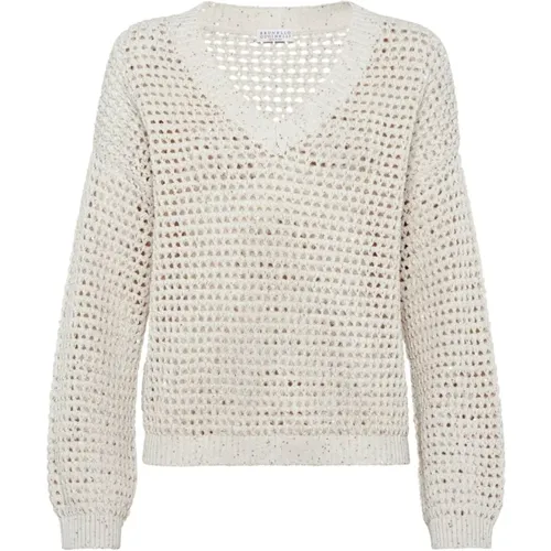 Beige V-Neck Cotton Sweater , female, Sizes: S, L - BRUNELLO CUCINELLI - Modalova