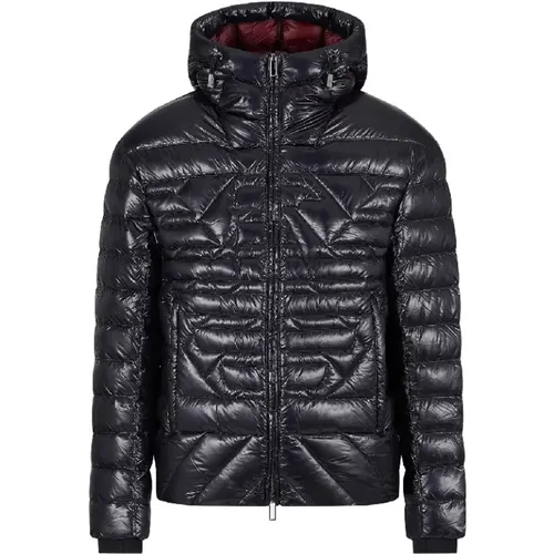 Navy Blue Quilted Jacket with Hood and Eagle Logo , male, Sizes: 3XL - Emporio Armani - Modalova