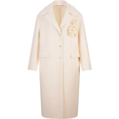 Ivory Wool Long Coat with Floral Detail , female, Sizes: 2XS, 3XS - Ermanno Scervino - Modalova