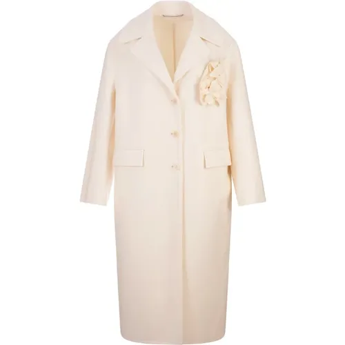 Ivory Wool Long Coat with Floral Detail , female, Sizes: 2XS, XS - Ermanno Scervino - Modalova