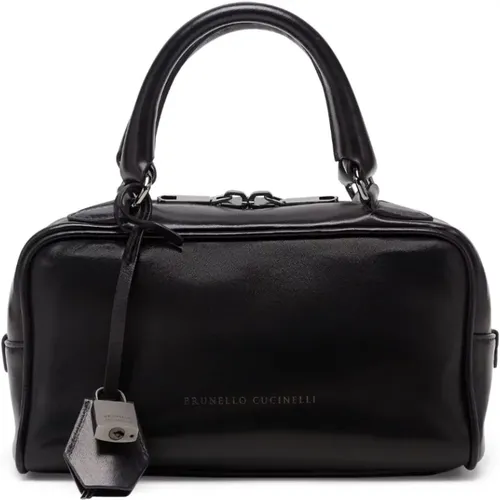 Luxuriöse Schwarze Lederhandtasche mit Vorhängeschloss - BRUNELLO CUCINELLI - Modalova