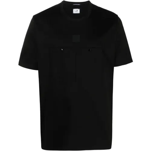 Schwarzes Jersey T-Shirt mit Logo-Print und Vordertaschen - C.P. Company - Modalova