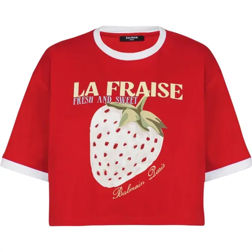 Kurzes T-Shirt mit Fraise-Print , Damen, Größe: 2XL - Balmain - Modalova