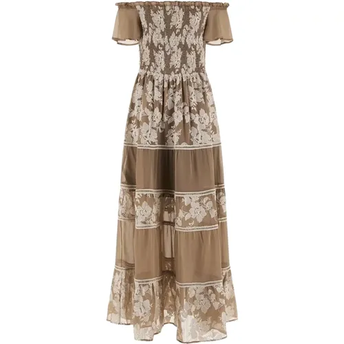 Safari Tan Multi Longuette Kleid , Damen, Größe: M - Guess - Modalova