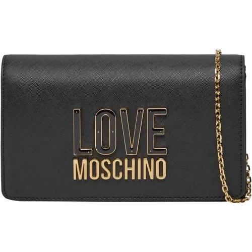 Schwarze Synthetische Schultertasche mit Goldmetall-Details , Damen, Größe: ONE Size - Love Moschino - Modalova