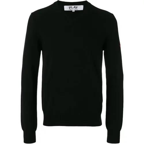 Schwarzer V-Ausschnitt Pullover mit kleinem rotem Herz , Herren, Größe: L - Comme des Garçons Play - Modalova