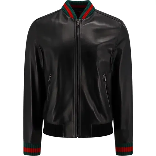 Leather Jacket with Web Profiles , male, Sizes: M - Gucci - Modalova