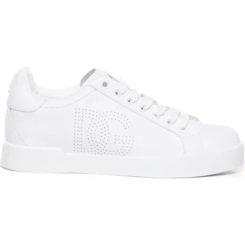 Weiße Ledersneaker mit Perforiertem Logo , Damen, Größe: 37 1/2 EU - Dolce & Gabbana - Modalova