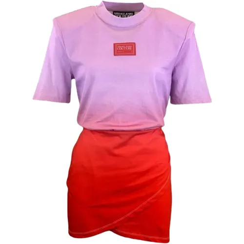 Coral Gradient Short Dress with Shoulder Pads , female, Sizes: S - Versace Jeans Couture - Modalova