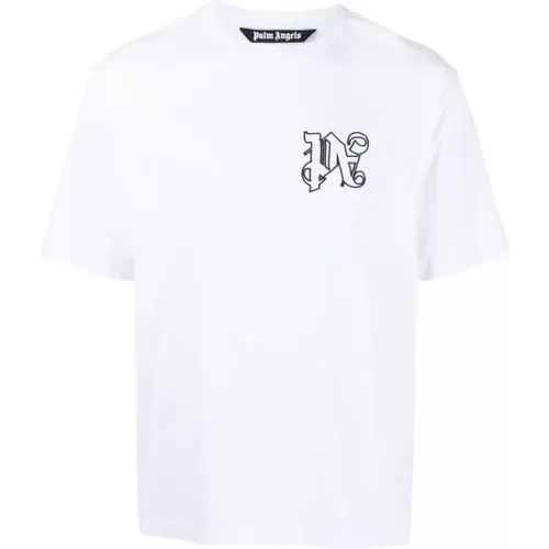 Bestickte Monogramm Crewneck T-Shirts und Polos,Klassisches Baumwoll-T-Shirt mit Besticktem Monogramm - Palm Angels - Modalova