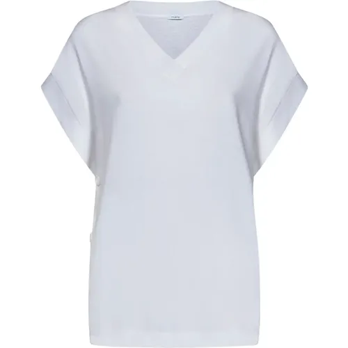Weißes Loose Fit T-Shirt mit V-Ausschnitt und Knöpfen , Damen, Größe: M - Malo - Modalova