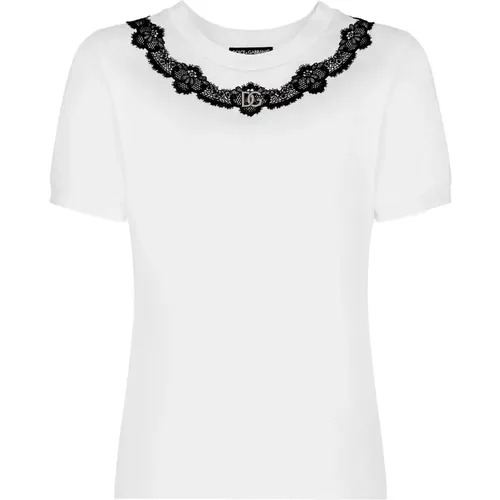 Logo DG Spitze Jersey T-Shirt , Damen, Größe: 2XS - Dolce & Gabbana - Modalova