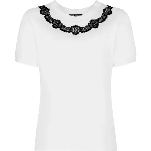 Logo DG Spitze Jersey T-Shirt , Damen, Größe: M - Dolce & Gabbana - Modalova