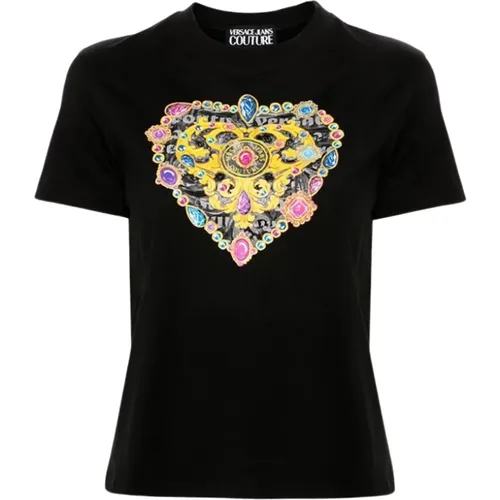 Cotton T-shirt with Heart Logo , female, Sizes: S, M - Versace Jeans Couture - Modalova