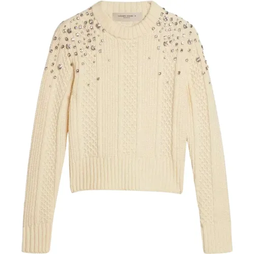 Cream Wool Sweater with Crystals , female, Sizes: S - Golden Goose - Modalova