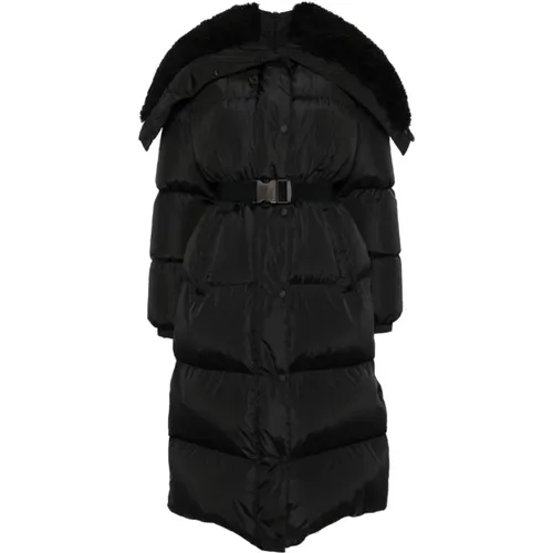 Schwarzer Daunenmantel mit Pelzeinsätzen - Moncler - Modalova