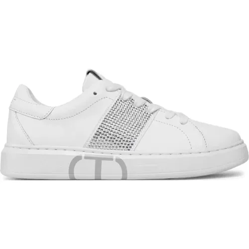 Leather Low Top Sneakers with Rhinestone Detail , female, Sizes: 4 UK - Twinset - Modalova