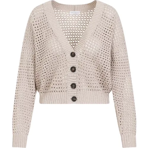 Light Camel Cotton Cardigan Sweater , female, Sizes: M - BRUNELLO CUCINELLI - Modalova