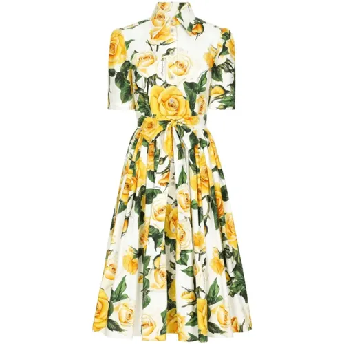 Rose-print cotton midi-dress , female, Sizes: S, M - Dolce & Gabbana - Modalova