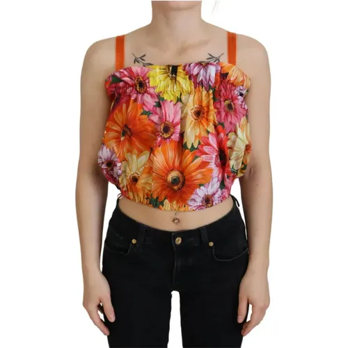 Blumige Eleganz Ärmelloses Cropped Top , Damen, Größe: S - Dolce & Gabbana - Modalova