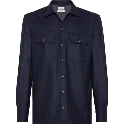 Navy Flannel Overshirt , male, Sizes: 2XL, L, XL, M - BRUNELLO CUCINELLI - Modalova