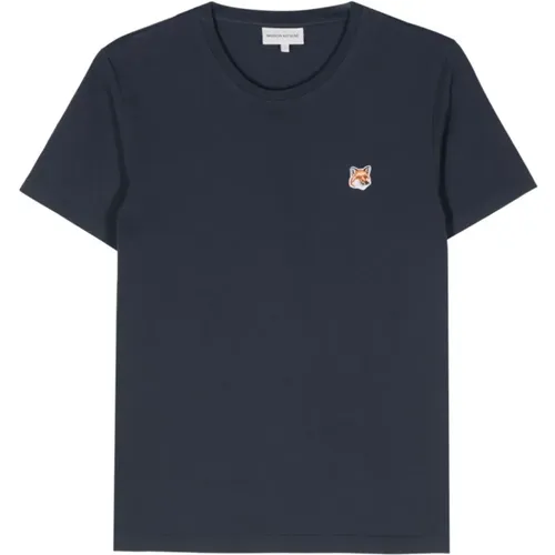 Blaues Jersey T-Shirt mit Patch-Detail - Maison Kitsuné - Modalova