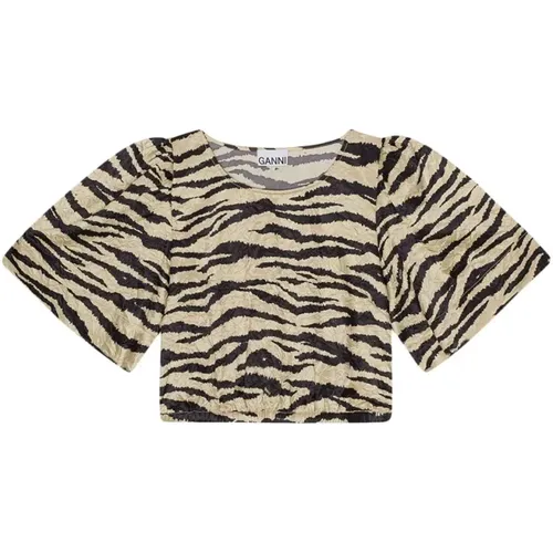 Zebra Print Geknittertes Crop T-Shirt , Damen, Größe: L - Ganni - Modalova