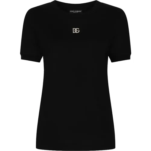 Crystal Logo Cotton T-shirt Round Neck , female, Sizes: L, S, M - Dolce & Gabbana - Modalova