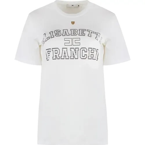 Geripptes Baumwoll-Crew-Neck T-Shirt,Logo Patch Baumwoll T-shirt - Elisabetta Franchi - Modalova