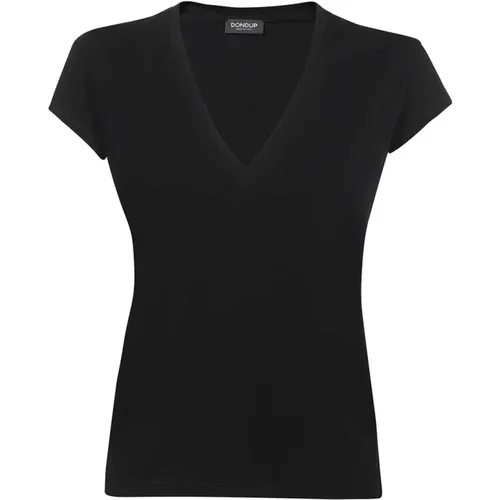 Geripptes V-Ausschnitt T-Shirt , Damen, Größe: M - Dondup - Modalova