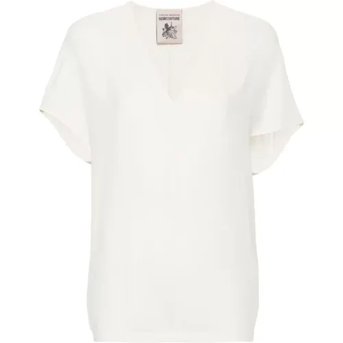 Ivory Weiße V-Ausschnitt Bluse mit Nahtdetails , Damen, Größe: XS - Semicouture - Modalova