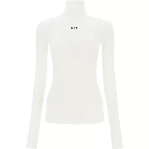 Off , Shiny Logo Print Funnel Neck T-Shirt , female, Sizes: 2XS, XS - Off White - Modalova