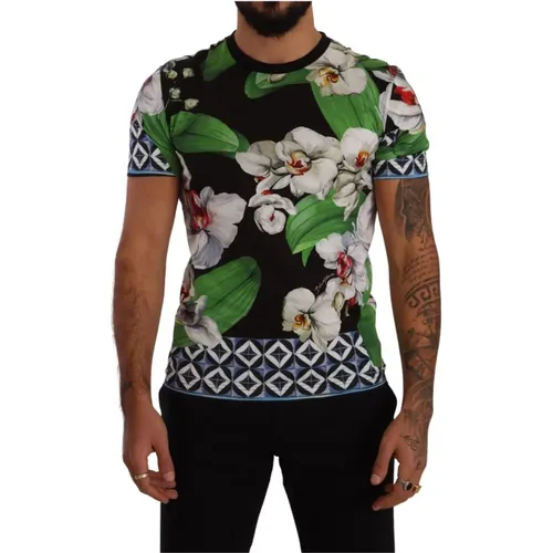 Schwarzes Blumenmuster Crewneck T-Shirt , Herren, Größe: L - Dolce & Gabbana - Modalova