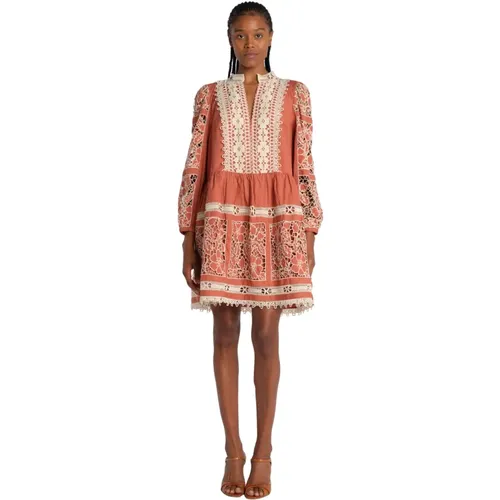 Brown Lace Dress Short Sleeve , female, Sizes: XS - Sea NY - Modalova